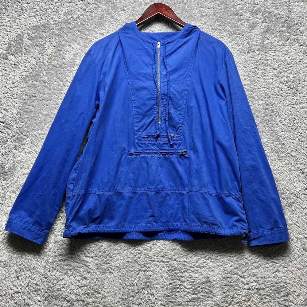 J Crew Jacket Womens Large Blue Cotton Anorak Pullover Hood Zip Pockets Relaxed